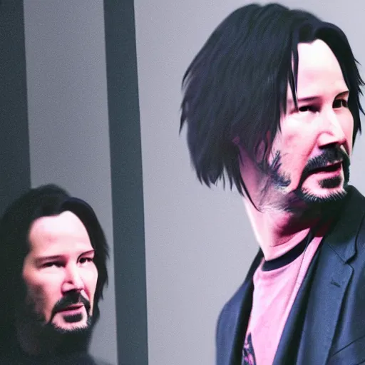 Image similar to keanu reeves breaking up with keanu reeves in front of a crowd of keanu reeves in the gym in hawkins, in the style of james jean, artstation trending, 8 k, 3 d render, photorealistic, volumetric lighting caustics, pink