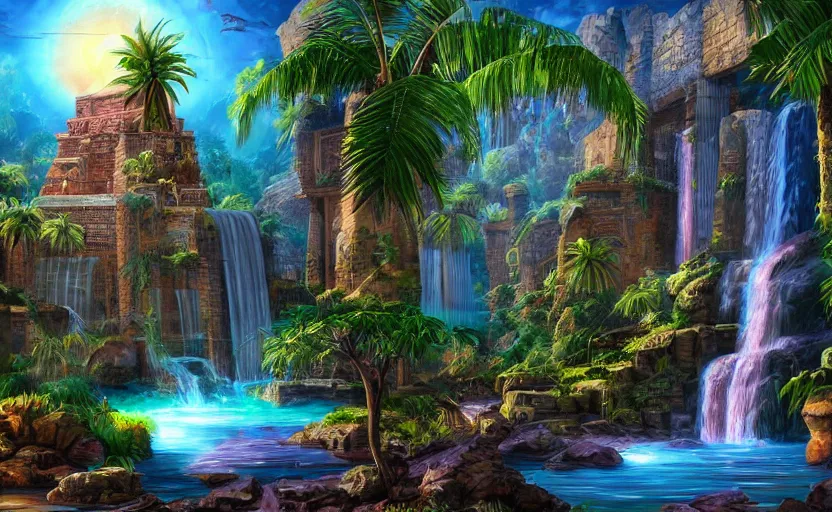 Prompt: ancient egypt structure with plants and waterfalls, epic retrowave art, trending on art station