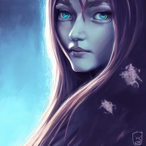 Image similar to portrait of darl elf, fantasy, blue eyes, calm expression, fantasy, thinking, raven in background, highly detailed, digital painting, gradient black charcoal red, concept art, smooth, b sharp focus, illustration, golden ratio 8 k