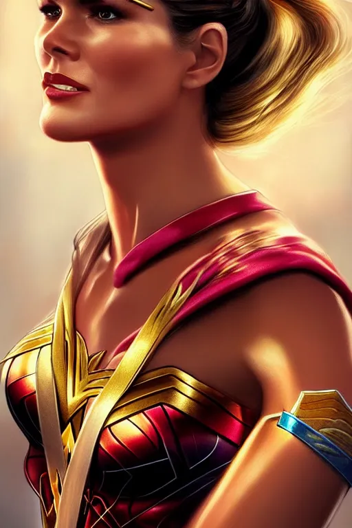 Image similar to portrait of a mix of beautiful young maria shriver, mariel hemmingway, brooke shields and elle macpherson as wonderwoman, thin lips, hair tied up in a pony tail, colorful artstation, cgsociety