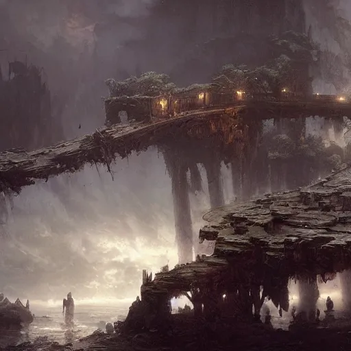 Image similar to a rickety bridge over a dark chasm with flying piles of bones, matte painting, fantasy art, by greg rutkowski, by andreas achenbach,