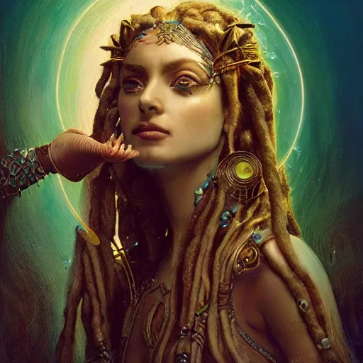 Image similar to unreal engine, octane render, 8 k birth of sumerian goddess inanna ishtar, ashteroth, techno mystic goddess princess intergalactica, with aqua neon rapunzel dreadlocks, mami wata, detailed, by gaston bussiere, bayard wu, greg rutkowski, giger, maxim verehin, greg rutkowski, masterpiece, sharp focus,