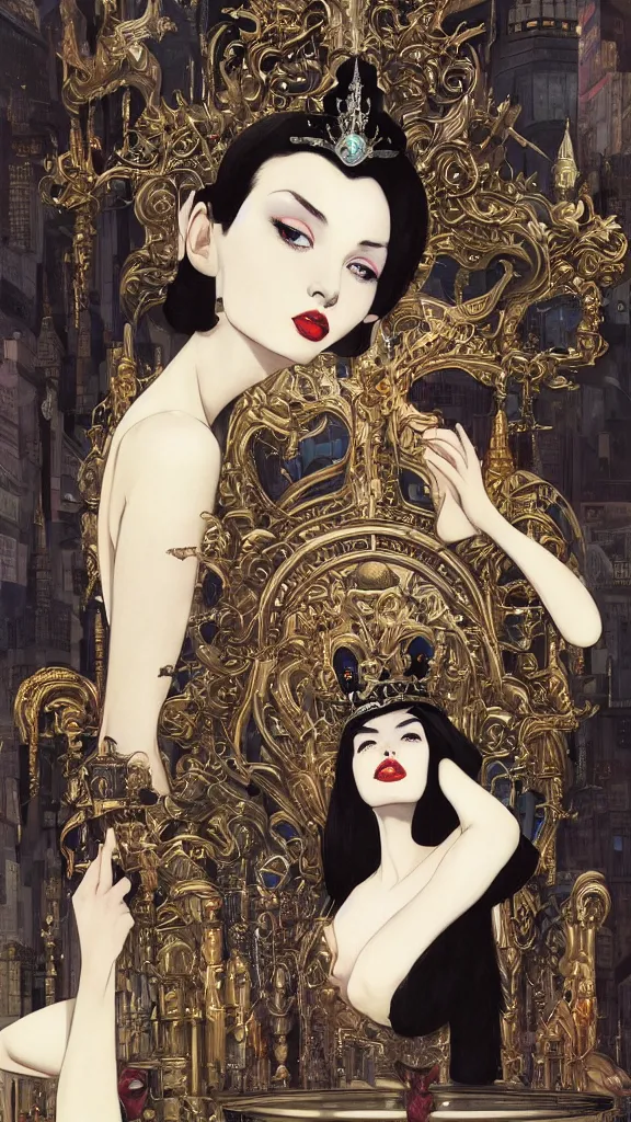 Image similar to a beautiful black haired woman with pale skin and a crown on her head sitted on an intricate metal throne new york circa 1 9 8 4 edward hopper and james gilleard, surreal, open ceiling, highly detailed, airbrush, ilya kuvshinov, wlop, stanley artgerm, very coherent, art by takato yamamoto and james jean