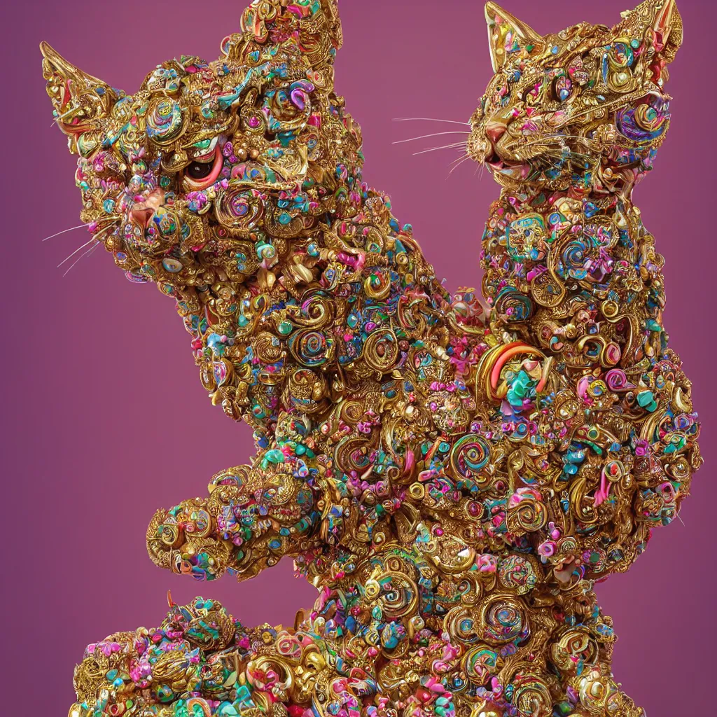 Prompt: a photo - real delicate sculpture of an ornate detailed cat, made of candy and lollypops, in front of a intricate background by aj fosik, micro detail, backlit lighting, octane renderer, colorful, physically based rendering, tribal art, symmetrical, trending on cgsociety