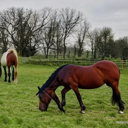 Prompt: two ordinary horses just hanging around doing their horse things. why would you suspect them of doing anything weird? They're probably just eating grass and neighing every so often. they live in just a normal field that has a regular old barn that they like to sleep in. I don't know why you're getting so suspicious about these two horses with four legs that are technically fingers?