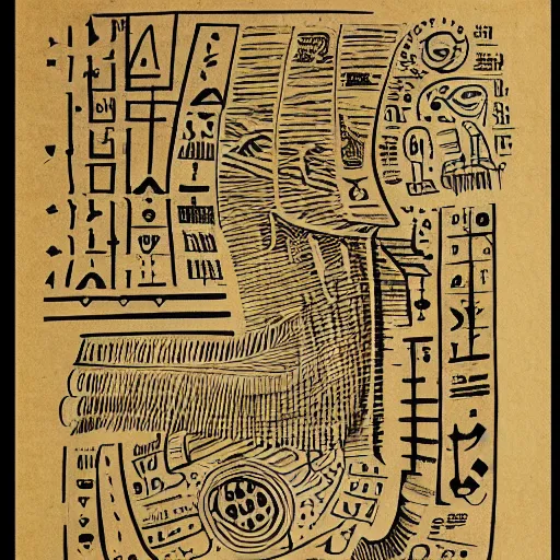 Prompt: An open book, its pages covered with cryptic and unsettling glyphs. A diagram of an impossible monster is visible.