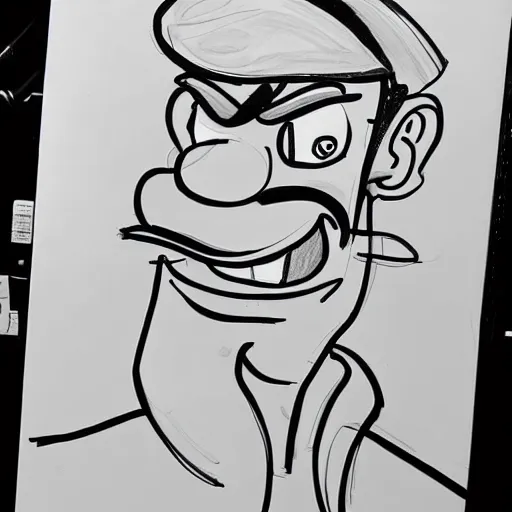 Image similar to continuous single line contour - drawing of waluigi, pen on white paper