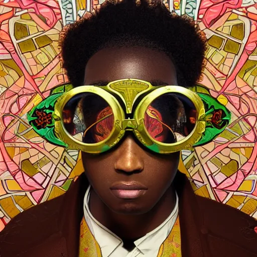 Image similar to colourful vfx upper half - portrait - art of a nigerian boywearing steam punk goggles, art by utagawa kunisada, james jean & alphonse mucha, symmetrical, intricate detail, concept art, volumetric light, ray tracing, caricature, digital illustration, octane 3 d render, unreal engine, sharp, pinterest, behance, art station,