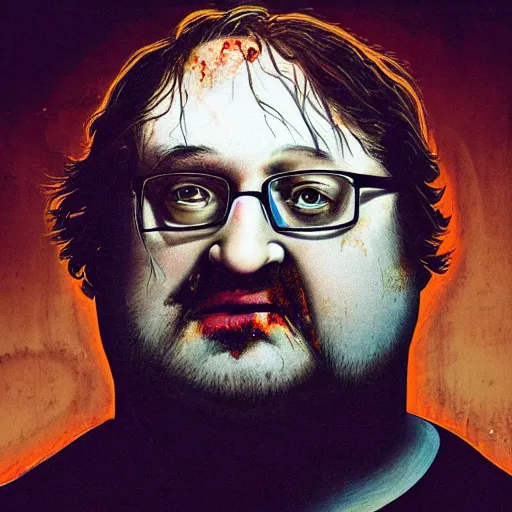 Prompt: visceral portrait of a zombified gabe newell
