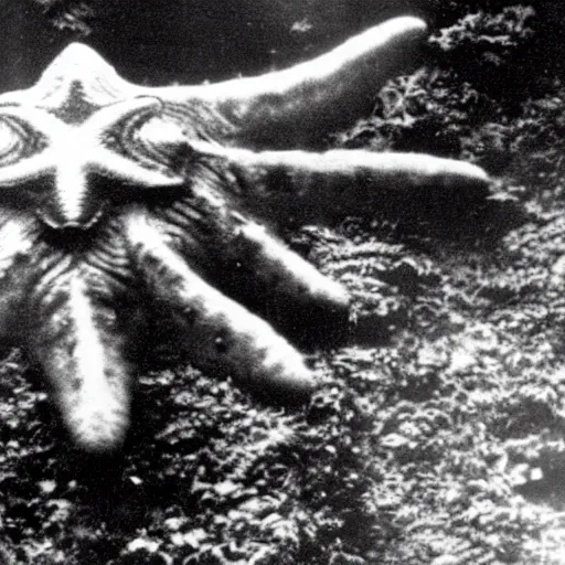 Prompt: rare vintage footage of a giant Kaiju Starfish monster, overshadowing Kim Jong-il, shin sang-ok and Choi Eun-hee escaping, obscured underexposed view