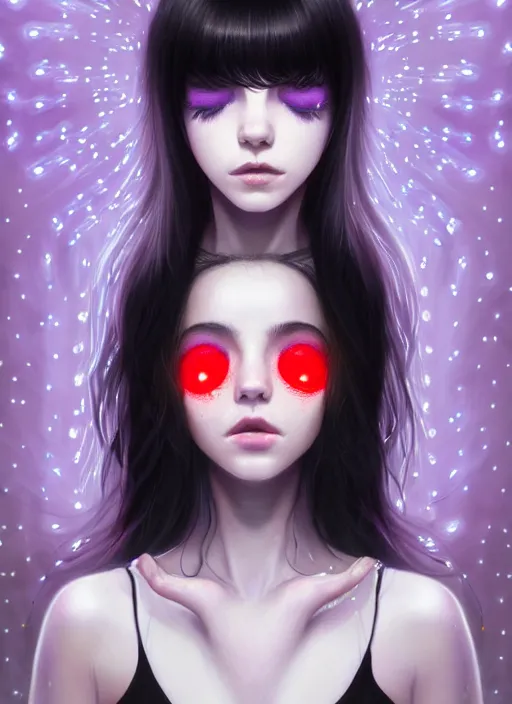 Image similar to portrait of teenage girl with white bangs, red irises, black hair, purple clothes, white bangs, bangs are different color from hair, intricate, front of hair is white rest is black, elegant, glowing lights, highly detailed, digital painting, artstation, concept art, smooth, sharp focus, illustration, art by wlop, mars ravelo and greg rutkowski