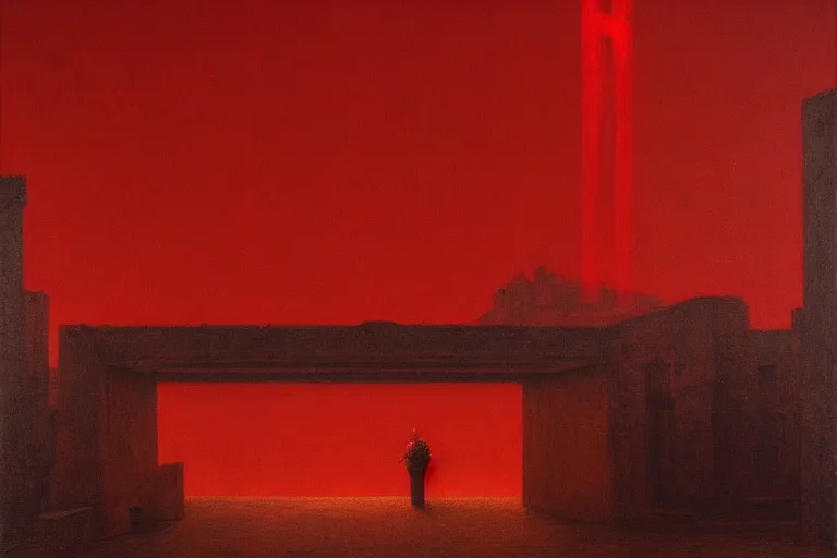 Image similar to only with red, caesar after war, a red tiger, in hoc signo vinces, rome in background, an ancient path, in the style of beksinski, part by hopper, part by rodcenko, part by hofbauer, intricate composition, red by caravaggio, insanely quality, highly detailed, masterpiece, red light, artstation