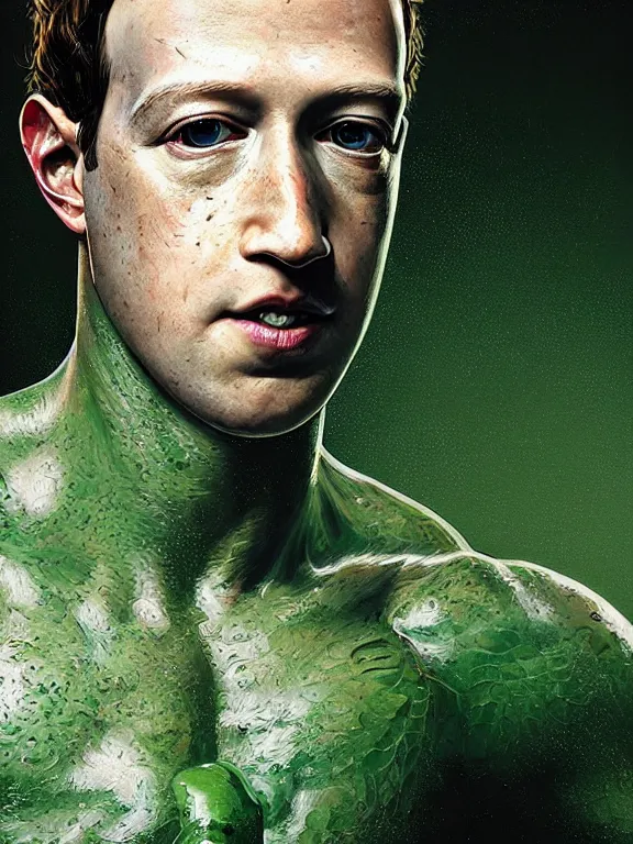 Prompt: portrait of a mark zuckerberg, skin peeling away to reveal bright green! reptile! skin!, art by ryo shiotani and greg rutkowski, intricate, beautiful, cinematic lighting, vintage art by serge ivanoff, high resolution, very detailed