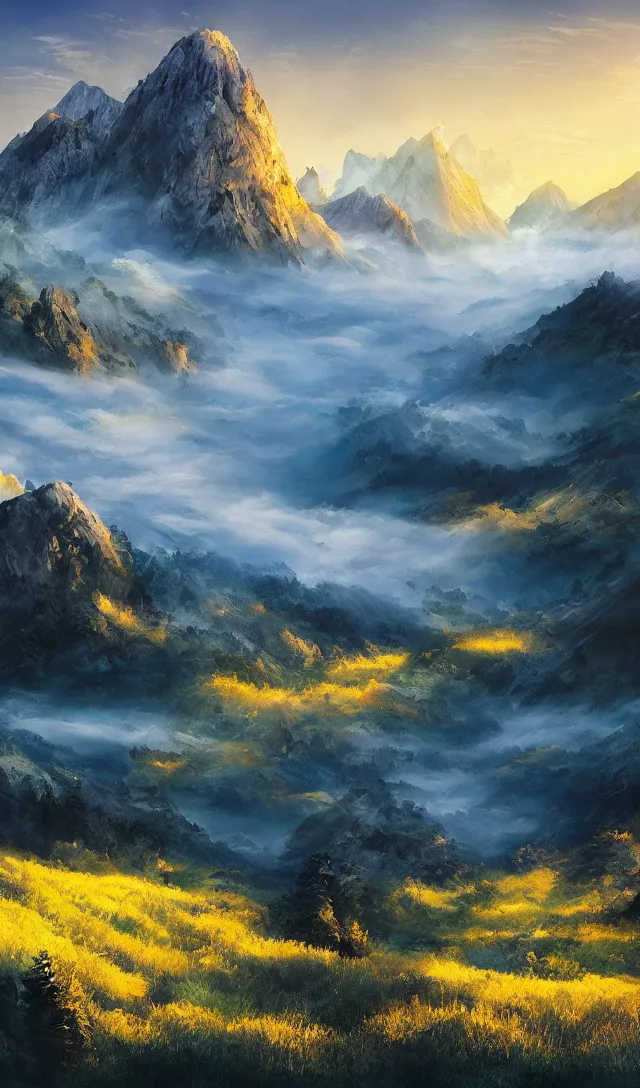 Prompt: magical landscape, mountains, misty, blue, yellow sky, digital art, high detail