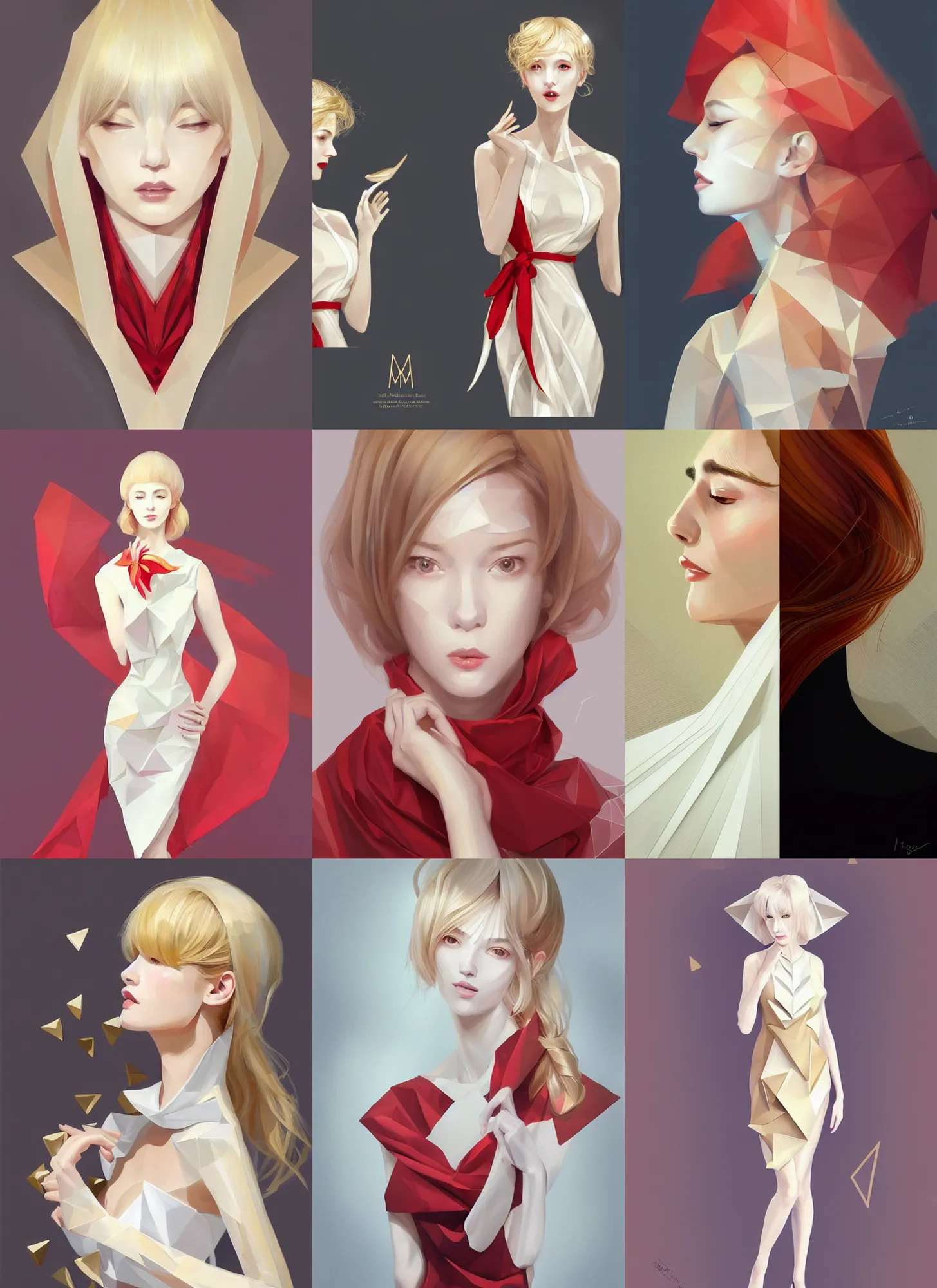 Prompt: museum curator, light gold hair, splendid white polygonal designer dress with triangle patterns, red silk scarf, body portrait, slight smile, windy, digital painting, digital painting, elegant, masterpiece, trending on artstation, concept art, sharp focus, illustration, art by wlop and artgerm and james jean and miho hirano