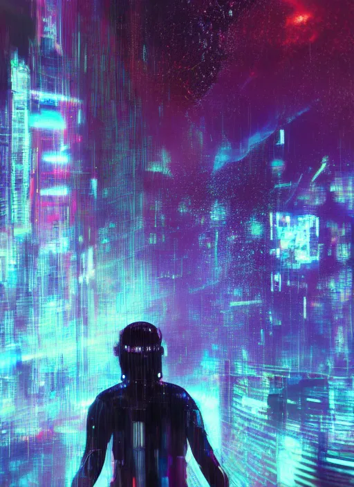 Image similar to one cyber godly person made of cosmic nebula galaxy energy watching a rainy colorful complex cyberpunk futuristic holographic city from behind at night through a window in a room, reflections, high contrast, 8 k, photorealistic, concept art, wet, highly detailed, cinematic mood by ridley scott, ghost in the shell, trending on artstation, glowing and epic