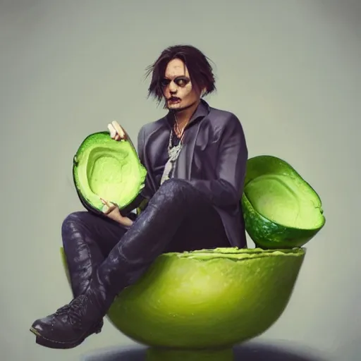 Prompt: johnny depp sitting in a giant bowl of guacamole, ultra high detailed, oil painting, greg rutkowski, charlie bowater, yuumei, yanjun cheng, unreal 5, daz, hyperrealistic, octane render, rpg portrait, dynamic lighting