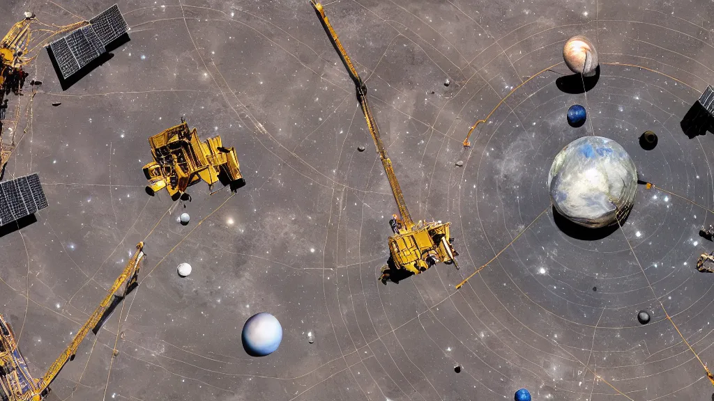 Image similar to Planets in solar system being build by construction workers. Wide angle. 4k, shot in space.