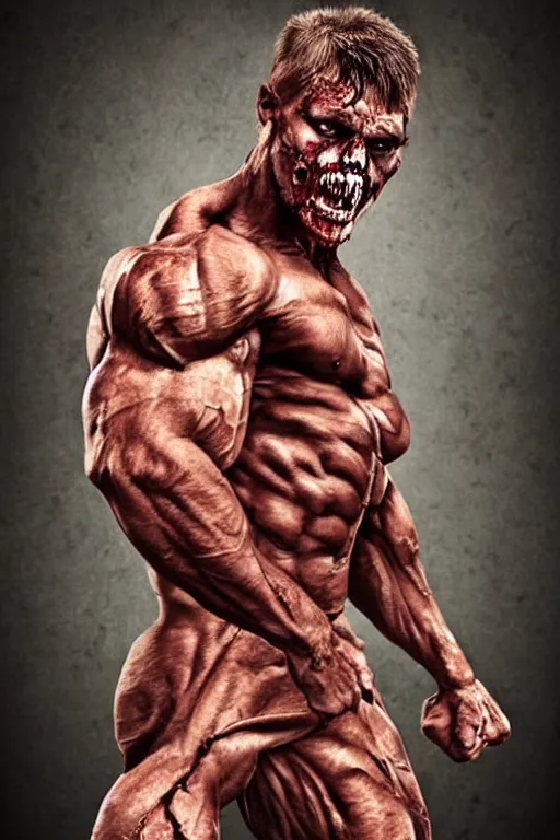 Image similar to muscular zombie, zombie bodybuilder, photorealistic, highly detailed,