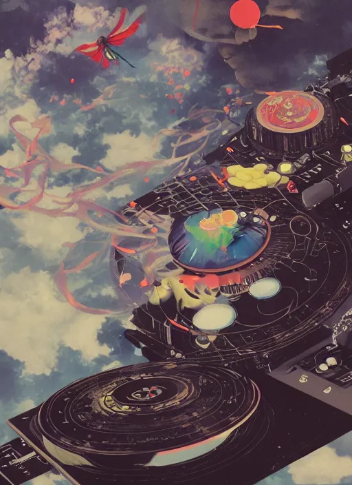 Image similar to surreal gouache painting, by yoshitaka amano, by ruan jia, by Conrad roset, by good smile company, detailed anime 3d render of a magical Vinyl Discos flying, DJ Mixer, deck surrounded by Dragonfly ,flying discos , controller, portrait, cgsociety, artstation, rococo mechanical and Digital and electronic, dieselpunk atmosphere
