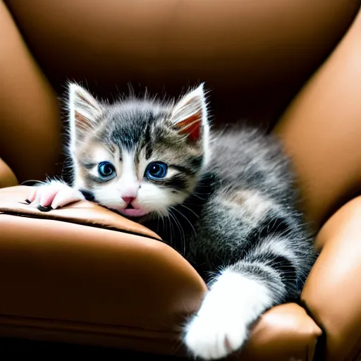 Prompt: a kitten with a cape floating through galaxies of space on a recliner chair