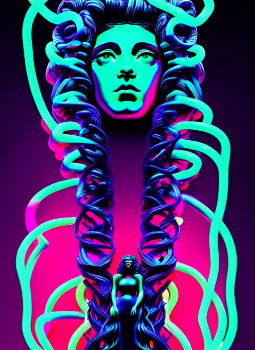 Image similar to statue of medusa, beeple, android jones, liam wong, ( ( ( ( ( dan mumford ) ) ) ) ), vaporwave, retrowave, black background, neon wiring, black, glitch, strong contrast, cuts, pinterest, trending on artstation