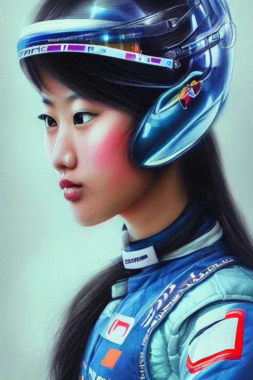 Image similar to portrait beautiful asian female formula one racer, wearing formula one racer uniform, at formula one racing car repair room, ssci-fi, fantasy, intricate, very very beautiful, elegant, human anatomy, neon light, highly detailed, digital painting, artstation, concept art, soft light, smooth, sharp focus, illustration, art by Brook Shaden and tian zi and alphonse mucha