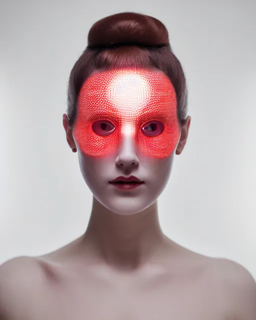 Image similar to symmetrical portrait of a woman wearing a red embroidered translucent silicone mask and white frizzy hair buns, wearing a silicone white bodysuit, cream white background, soft diffused light, biotechnology, futuristic aesthetic, translucent, ethereal, intricate details, highly detailed, masterpiece,