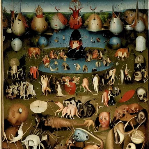 Prompt: additional characters from the garden of earthly delights by hieronymus bosch.