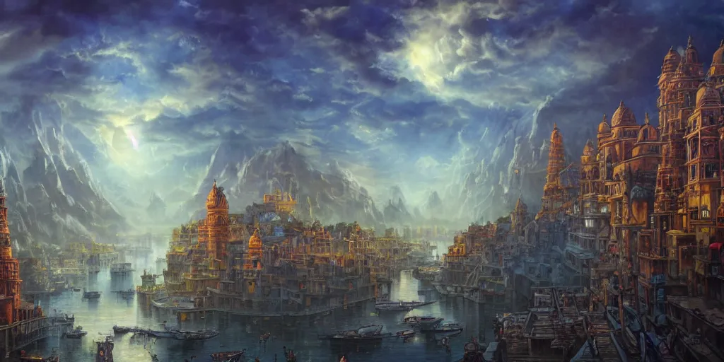 Image similar to fantasy oil painting, mega structure city of varanasi, fantasy, colossal, gate, looming, small buildings, warm lighting, street view, silhouetted figure standing overlooking, space port city, epic, distant mountains, bright clouds, luminous sky, cinematic lighting, michael cheval, david palladini, artstation, oil painting, vray, 8 k hd