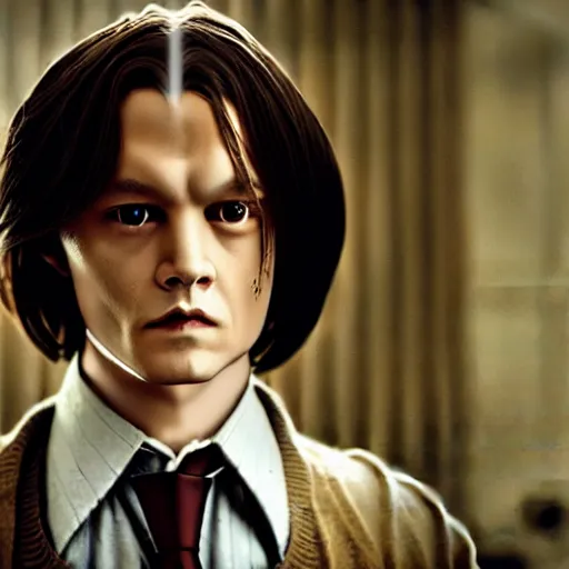 Image similar to Film Still of a Young Adult Johnny Depp playing Tom Riddle in Harry Potter, Film Still, realistic, hyperrealistic, very realistic, very very realistic, highly detailed, very detailed, extremely detailed, detailed, detailed face, very detailed face, very detailed face, realism, HD Quality, 8k resolution, intricate details, body and head in frame, Real Life