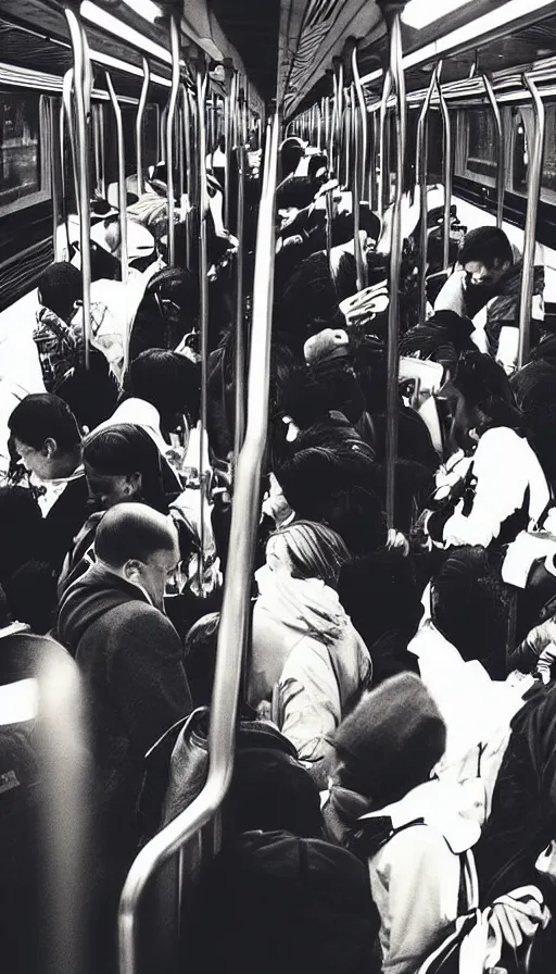 Prompt: “commuters looking at their cellphones on subway”