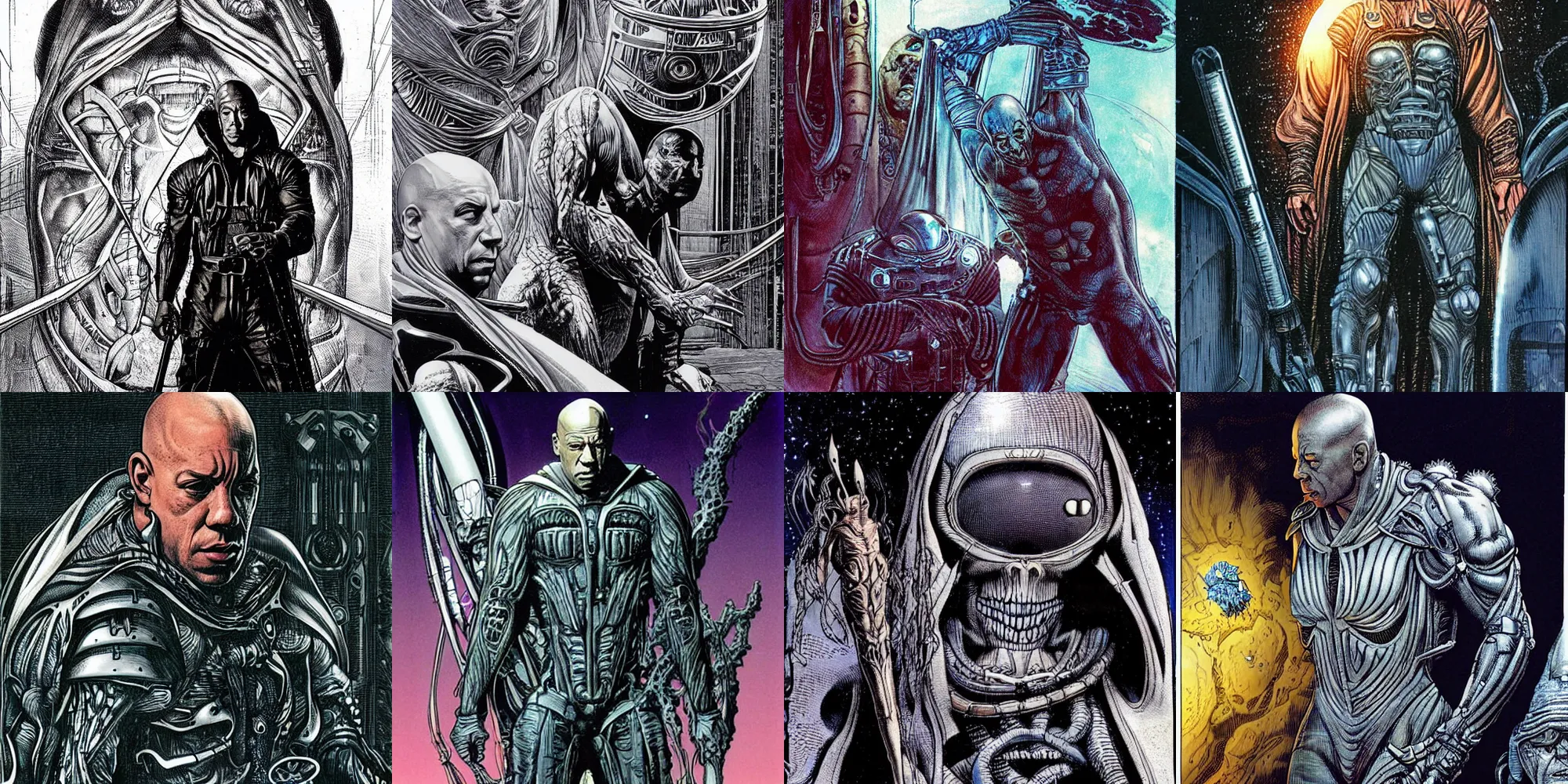 Prompt: A very detailed space wizard hanging with Vin Diesel by Giger and Moebius