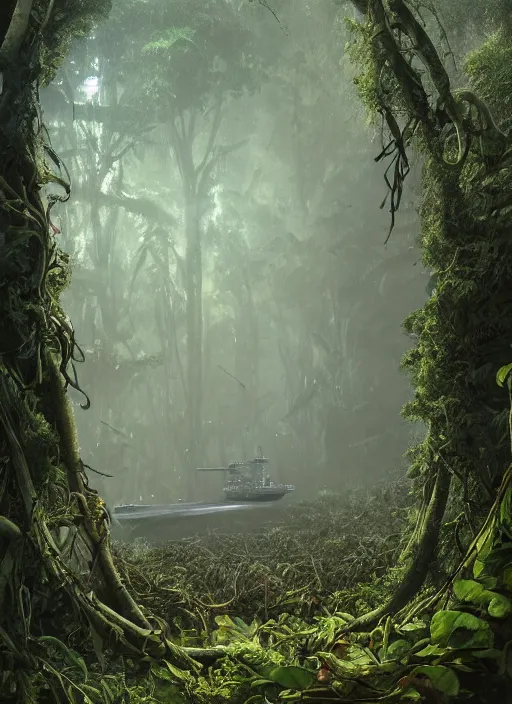 Image similar to aircraft carrier USS Nimitz laying on the ground of a tropical forest, overgrown with vegetation, hanging vines, post appocalyptic, by Luis Royo, by Greg Rutkowski, dark, gritty, intricate, cover illustration, concept art, volumetric lighting, volumetric atmosphere, sharp focus, octane render, trending on artstation, 8k