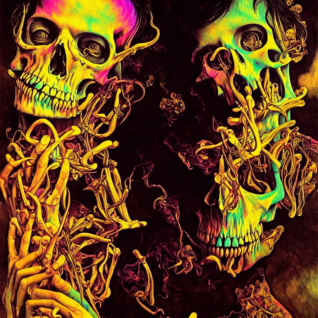 Image similar to bright psychedelic photo of SYD BARRETT SKULL SMOKING, diffuse lighting, fantasy, intricate, elegant, highly detailed, lifelike, photorealistic, digital painting, artstation, illustration, concept art, smooth, sharp focus, art by John Collier and Albert Aublet and Krenz Cushart and Artem Demura and Alphonse Mucha