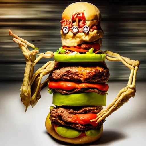 Image similar to a humanoid bipedal upright zombie that strongly resembles a hamburger, professional food photography