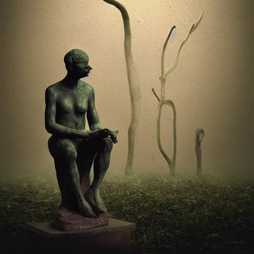 Image similar to toad philosopher The Thinker, swamp, sculpture by Auguste Rodin, hyperrealism, symmetric, by Irving Penn, bokeh top cinematic lighting , cinematic mood, very detailed, shot in canon