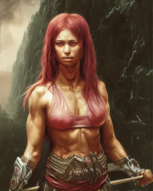 Image similar to a portrait of a fit female warrior by Ross Tran and Thomas Cole and Wayne Barlowe