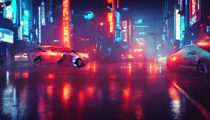 Image similar to street from bladerunner 2049, neon lights, rain, flying cars, people walking