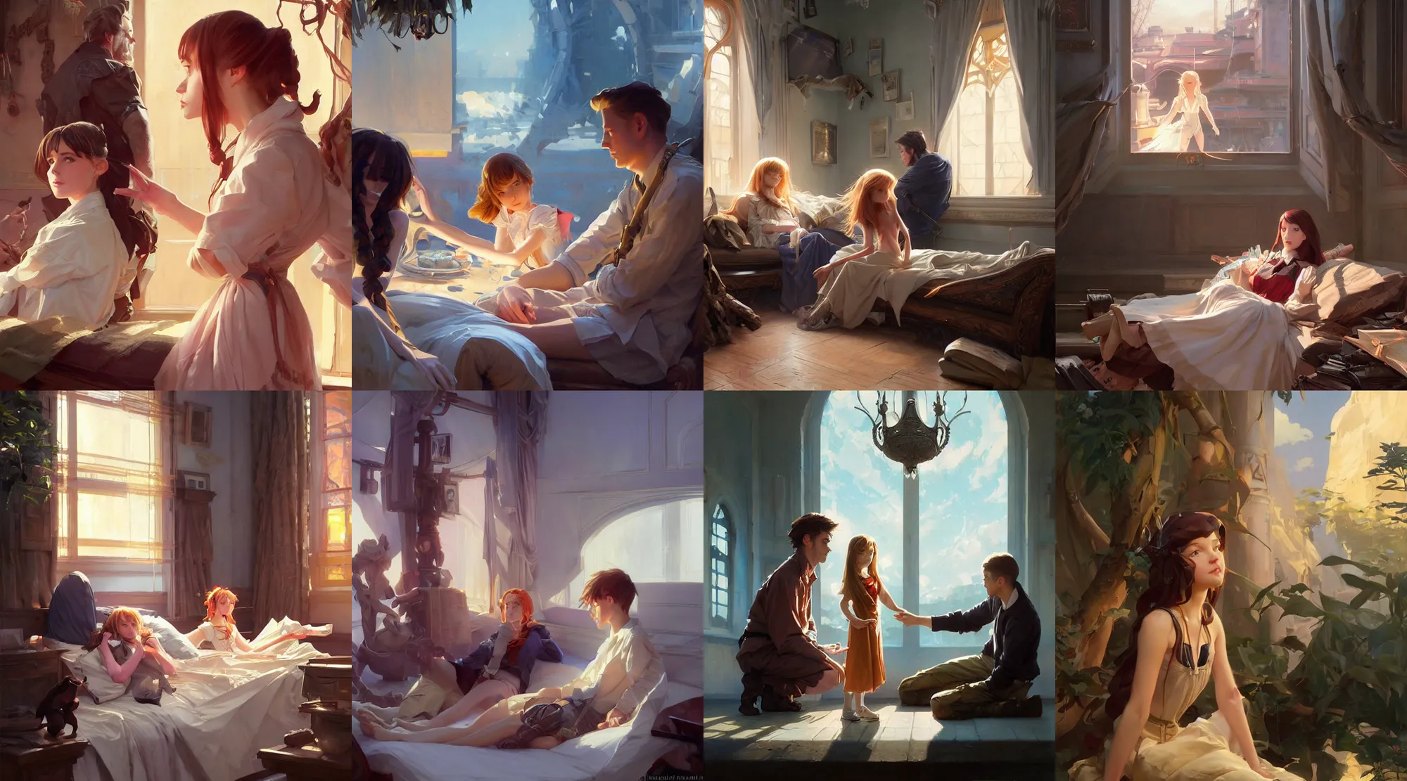 Prompt: sargent and leyendecker and greg hildebrandt, calm and rest scene with a cute russian young girl with long hairs, anime, stephen bliss, unreal engine, fantasy art by greg rutkowski, loish, rhads, ferdinand knab, makoto shinkai, ilya kuvshinov, rossdraws, global illumination, radiant light, detailed and intricate environment