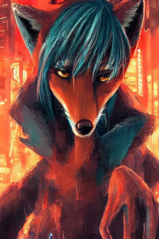 Image similar to beautiful portrait of a tall female anthro fox smoking a cigarette in a bustling crowd of a rainy city street, cyberpunk, harsh neon lights, highly detailed, sharp focus, digital painting, illustration, trending on artstation, art by sakimichan, artgerm