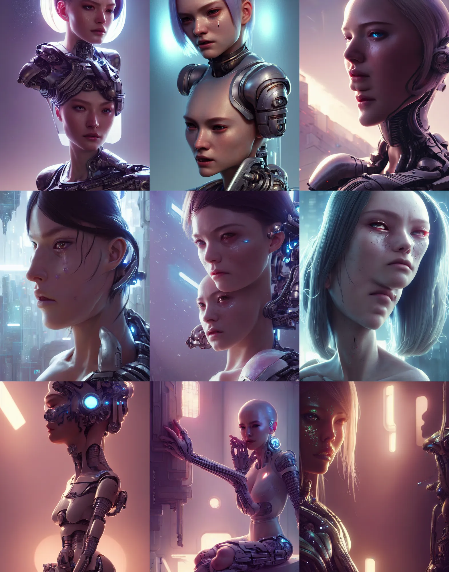 Prompt: crying beautiful female android!, intricate detailed environment, photorealistic!, octane render, mechanical, concept art, cinematic lighting, digital art, cinematic, cgsociety, hyper realism, cyberpunk 8 k. by artgerm and wlop and maciej kuciara and godmachine and moebius and rossdraws and greg rutkowski and alphonse mucha and stanley lau