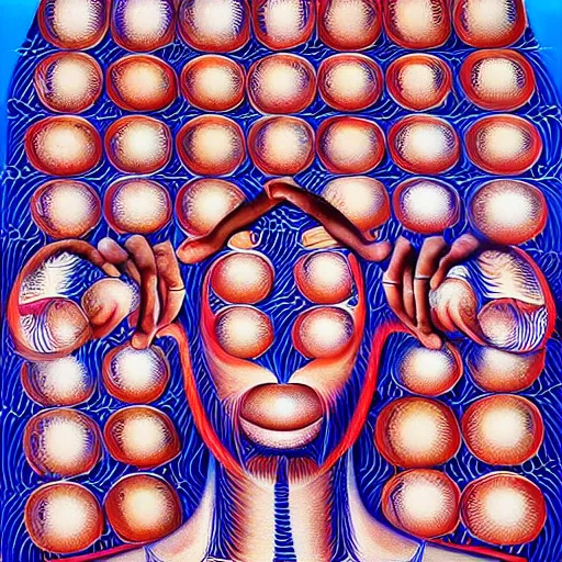 Prompt: Alex Grey painting of someone putting on a contact lens, repeating patterns