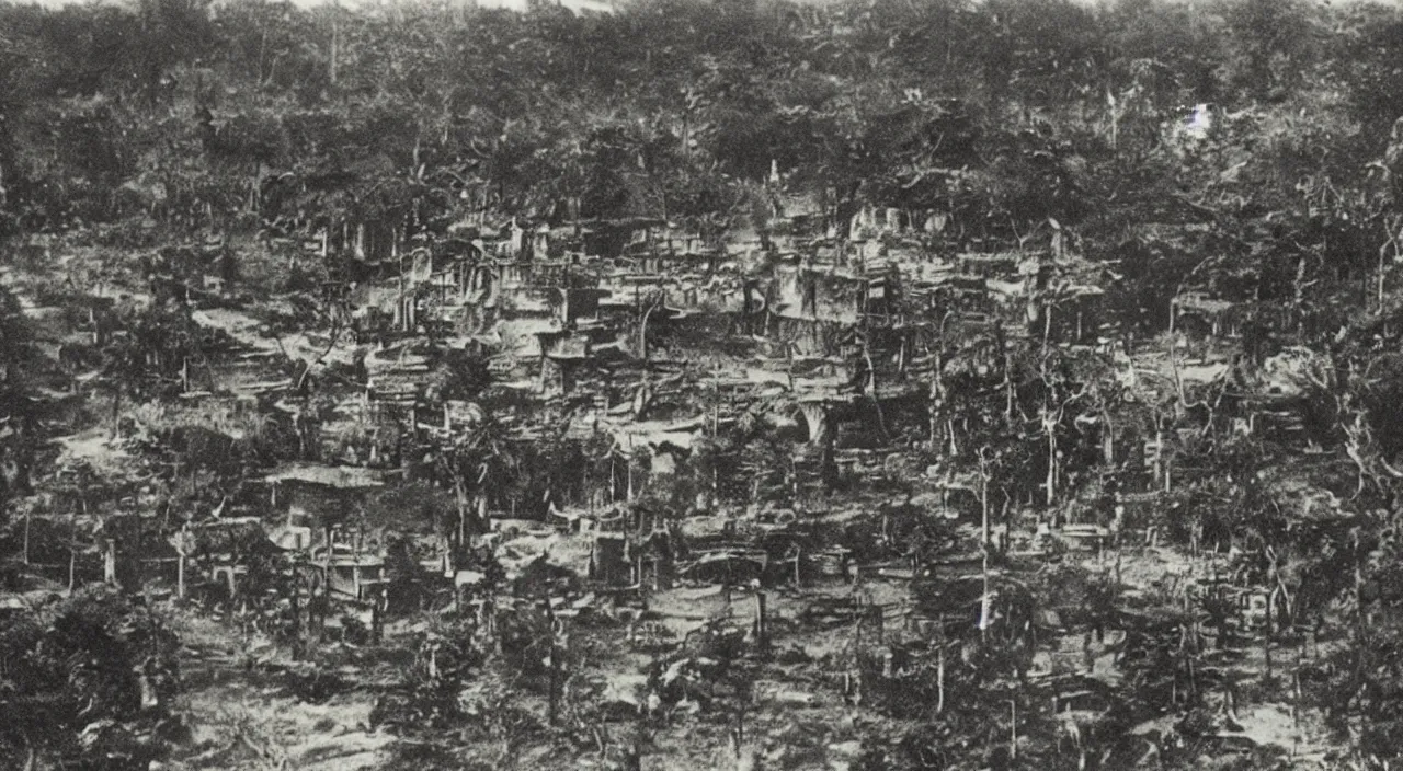 Prompt: a 1900s grainy photo of a lost city found in amazonia's forest