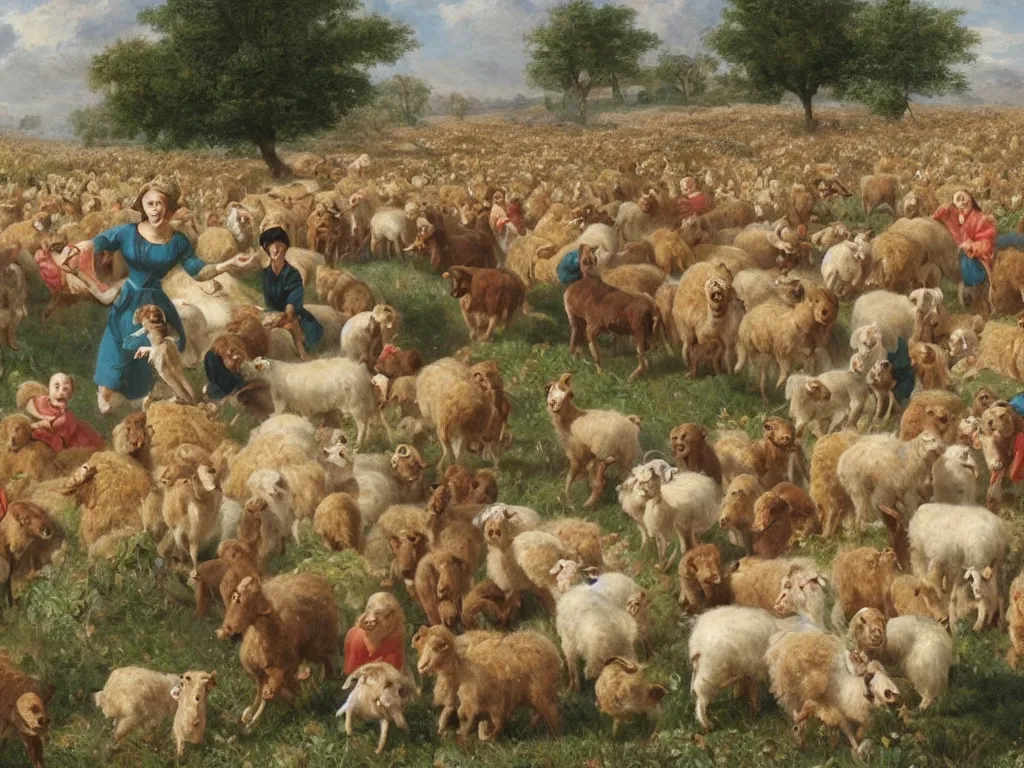 Image similar to group of social media celebrities being herd in a popcorn and candy field by a shepherd