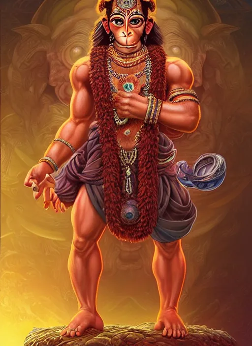 Prompt: a beautiful full body portrait of hanuman god with flowing medium hair, soft facial features, kind!!! appearence, digital art by ross tran and dan mumford, symmetrical body, artgerm, portrait, muted color scheme, highly detailed, outrun art style