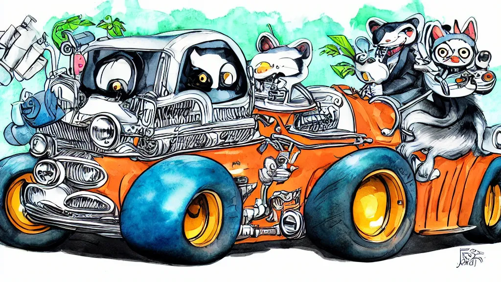 Image similar to cute and funny, racoon riding in a tiny hot rod coupe with oversized engine, ratfink style by ed roth, centered award winning watercolor pen illustration, by james nyika, edited by range murata