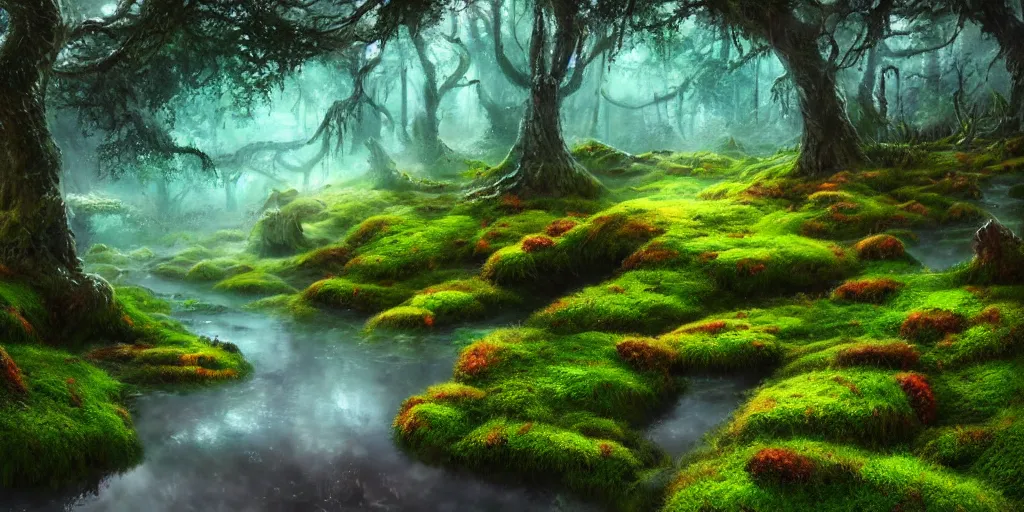 Prompt: gorgeous fields of moss landscape with glistening water, magical forest, brightly colored, magical, fantasy, landscape, beautiful, intricate details, highly detailed, sharp focus, concept art, digital painting, trending on artstation, still, screenshot, photo, photograph