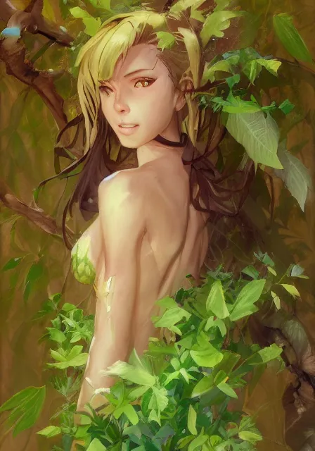 Prompt: greg manchess a realistic anime portrait of a beautiful dryad with glowing green eyes and tree bark skin wearing clothes made of leaves, anime, digital painting, by stanley artgerm lau, sakimichan, wlop and rossdraws, digtial painting, trending on artstation