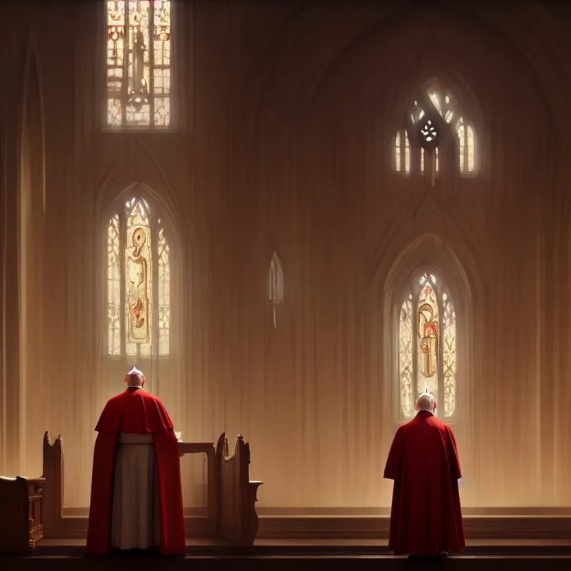 Image similar to pope standing in a curch, digital painting, greg rutkowski, artstation, cinematic, matte painting